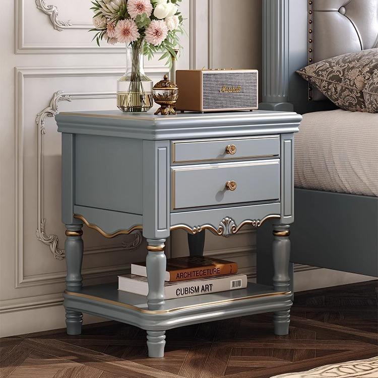 Vintage Style Luxury Solid Wood Nightstand, Modern Pastoral Bedside Table for Home, 2 Drawer & Open Shelf Classic Design