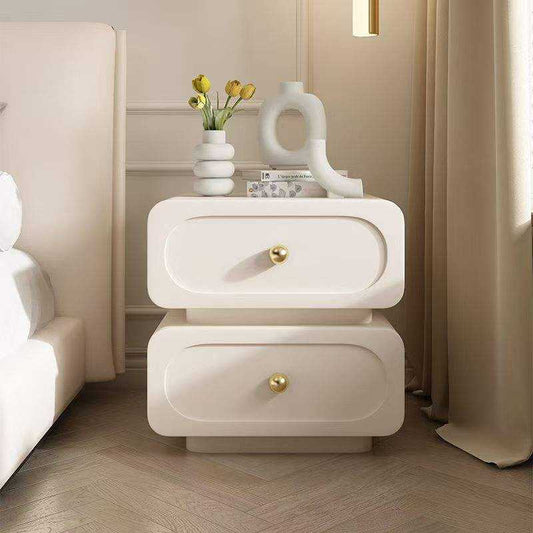 Minimalist Modern Bedside Table, Cream Finish Solid Wood Nightstand, Lightweight Luxury 2-Drawer Storage for Bedroom