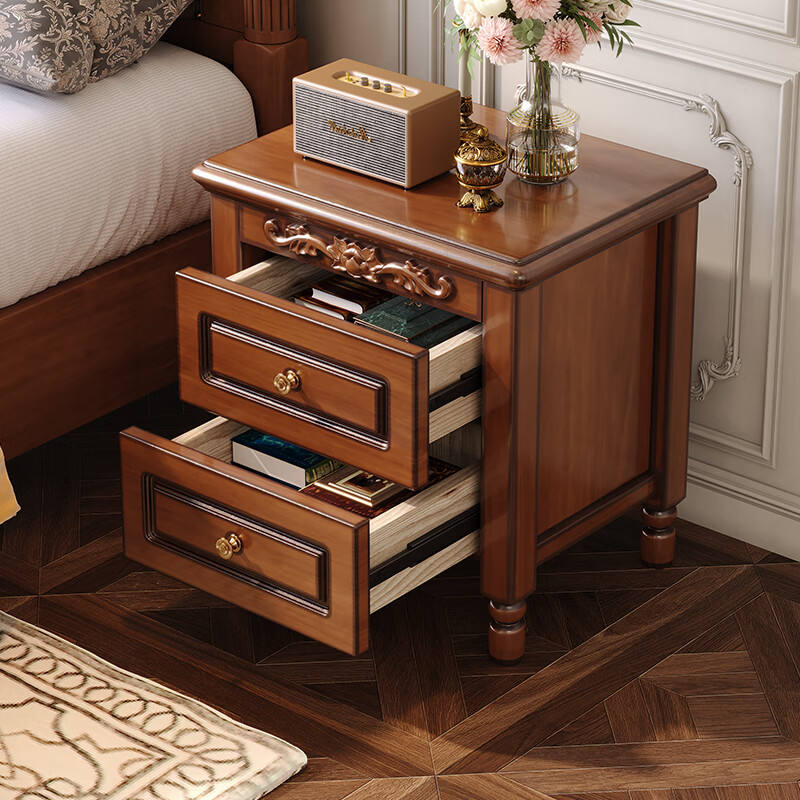 High-End Solid Wood Bedside Table, Modern Vintage Storage Nightstand with Drawers, Classic Bedroom Apartment Cabinet, Walnut Color