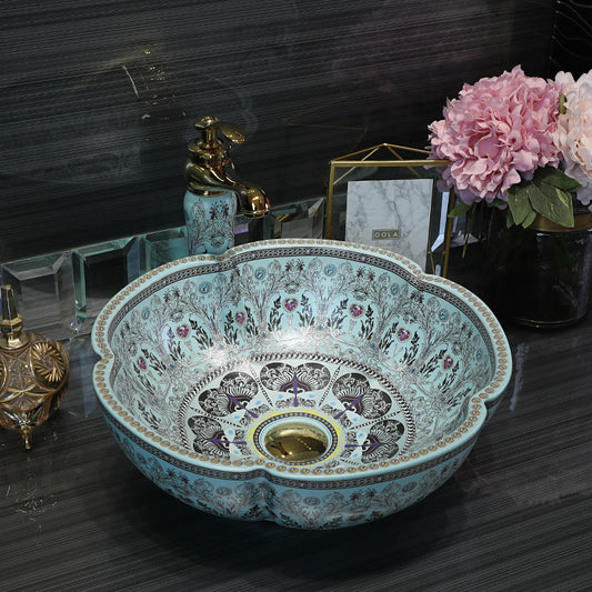 Exquisite Vintage Handmade Ceramic Wash Basin, Artistic Countertop Floral Porcelain Sink, Decorative Lavabo