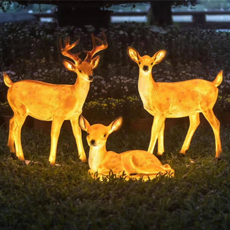 3D Deer Sculpture Animal Outdoor Lights Set, Resin Fiberglass Luminous Lamps for Garden Park Landscape