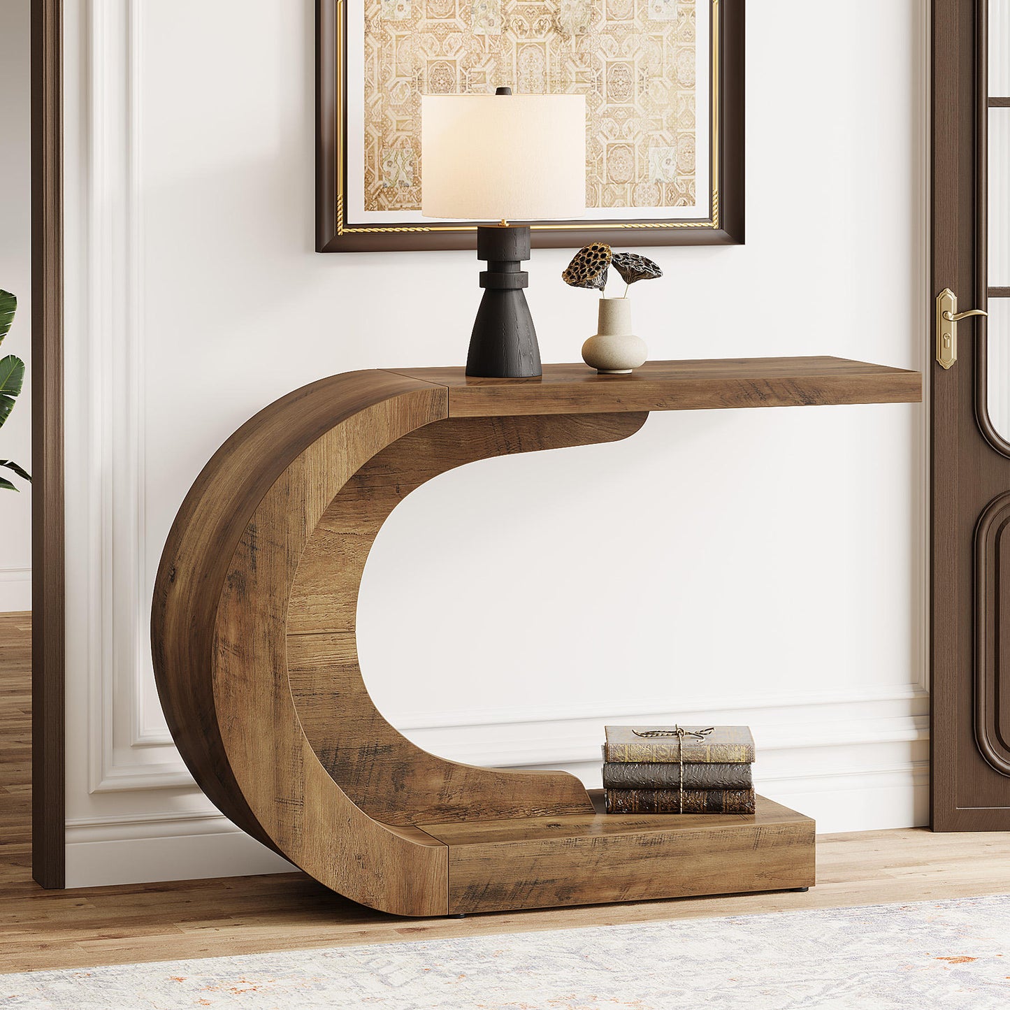 C-Shaped Console Table, Mid-Century Modern Wood Entryway Table, Heavy-Duty Accent Table for Living Room and Hallway
