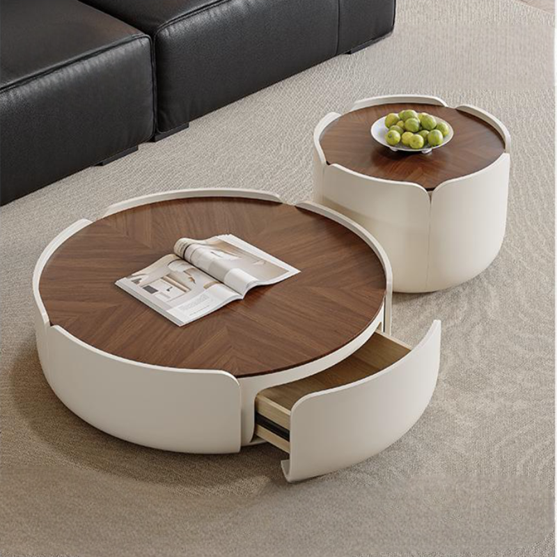 Modern Minimalist Round Wooden Nesting Coffee Table Set, Functional Combination Living Room Decor Table