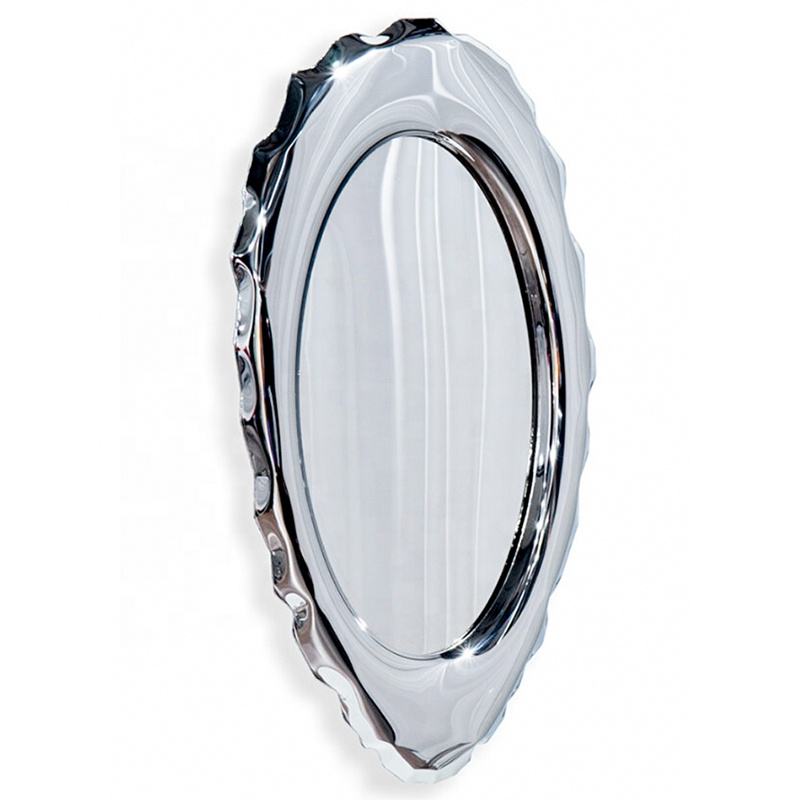 Modern Irregular Oval Wall Mirror – Stainless Steel Frame, Decorative Designer Mirror for Dressing Room, Living Room, Entryway, Metal Art Accent