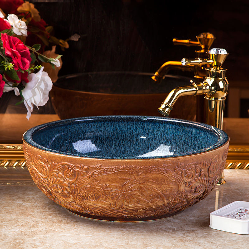 Handmade Engraved Tree Porcelain Bathroom Basin, Rustic Brown Ceramic Round Countertop Sink – Art Bowl
