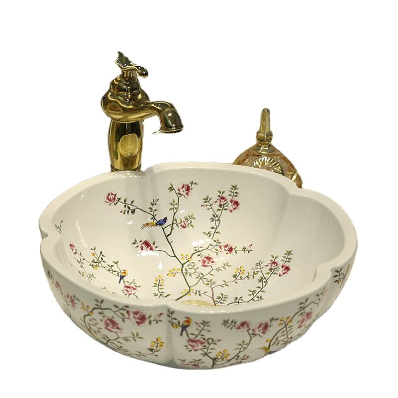 Flower Shaped White Ceramic Art Basin, Hand-Painted Flower & Bird Pattern Porcelain Bathroom Sink, Face Washing Countertop Washbasin