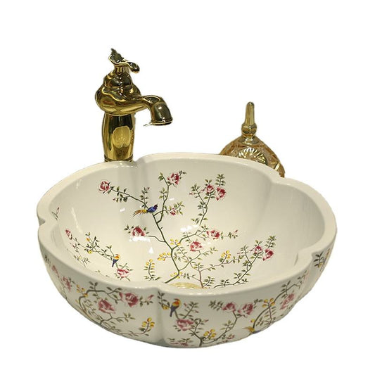 Flower Shaped White Ceramic Art Basin, Hand-Painted Flower & Bird Pattern Porcelain Bathroom Sink, Face Washing Countertop Washbasin