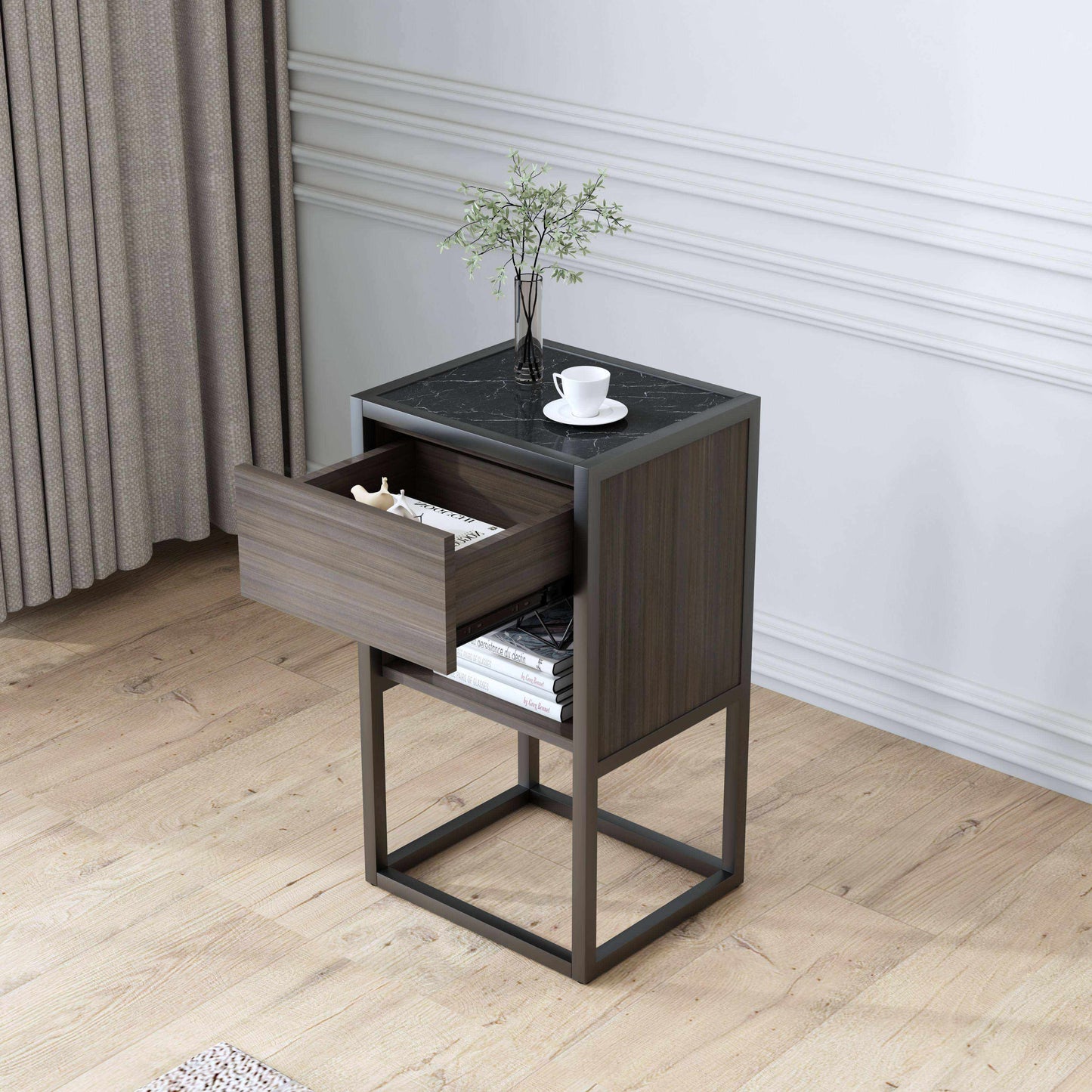 Modern Wood and Marble Nightstand for Bedroom, Living Room, Home or Hotel, Contemporary End Table with Drawer and Open Shelf