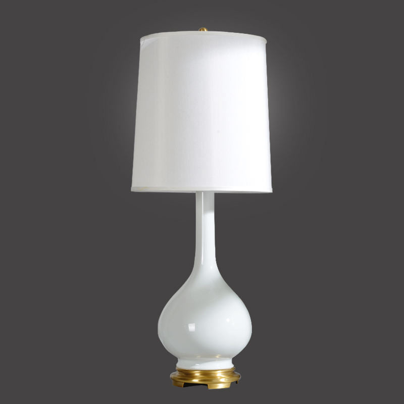 Modern White Porcelain and Brass Desk Lamp, Fabric Shade, LED Table Lamp for Studyroom, Fancy Oil Rub Brown Ceramic