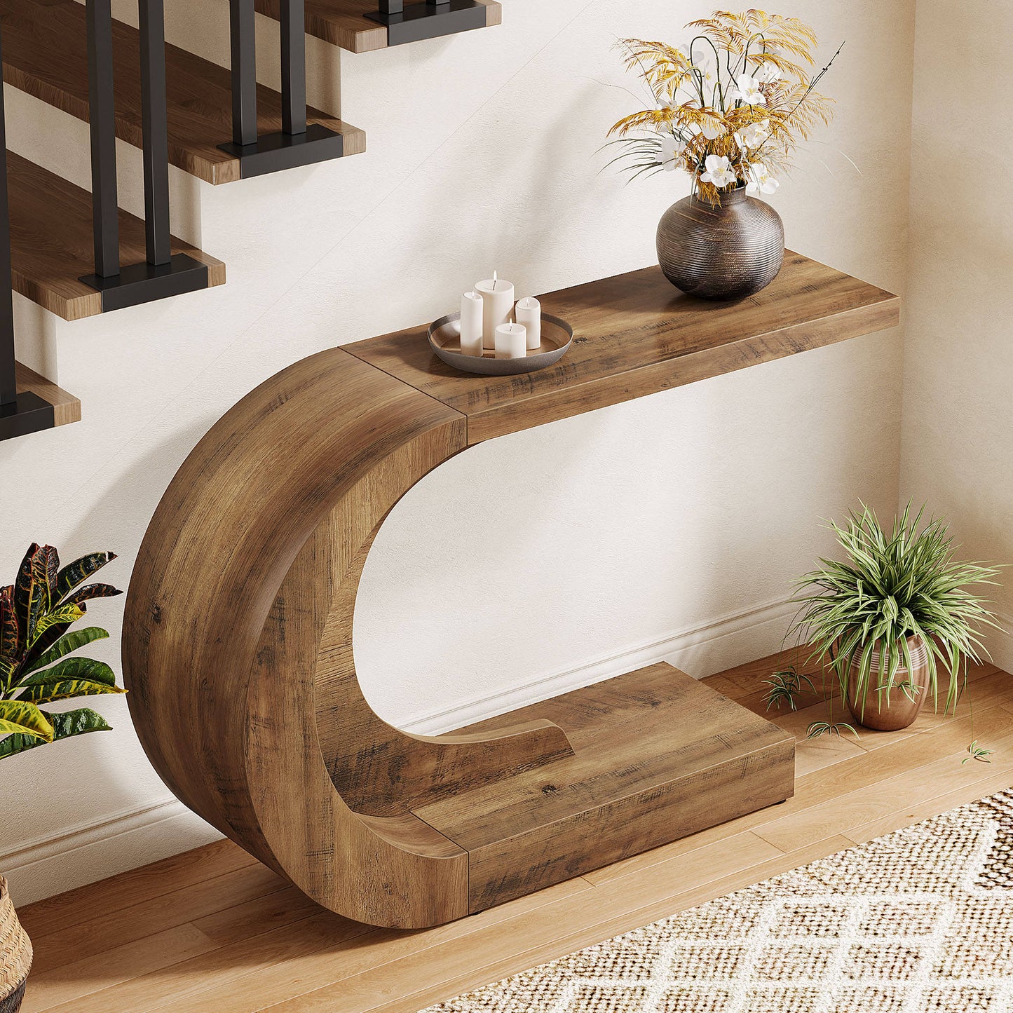 C-Shaped Console Table, Mid-Century Modern Wood Entryway Table, Heavy-Duty Accent Table for Living Room and Hallway
