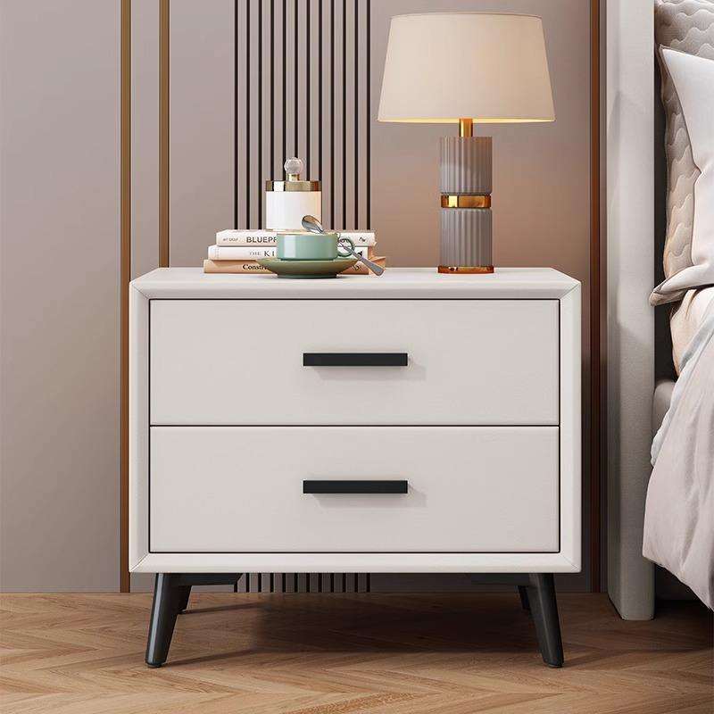 Modern Luxury Double Drawer Bedside Table, White/Grey Wood Narrow Side Table, Leather-Look Hotel Bedroom Furniture
