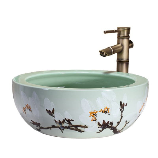 Hand Painted Glaze Pea Green Round Art Basin, Plum Blossom Ceramic Countertop Bathroom Sink