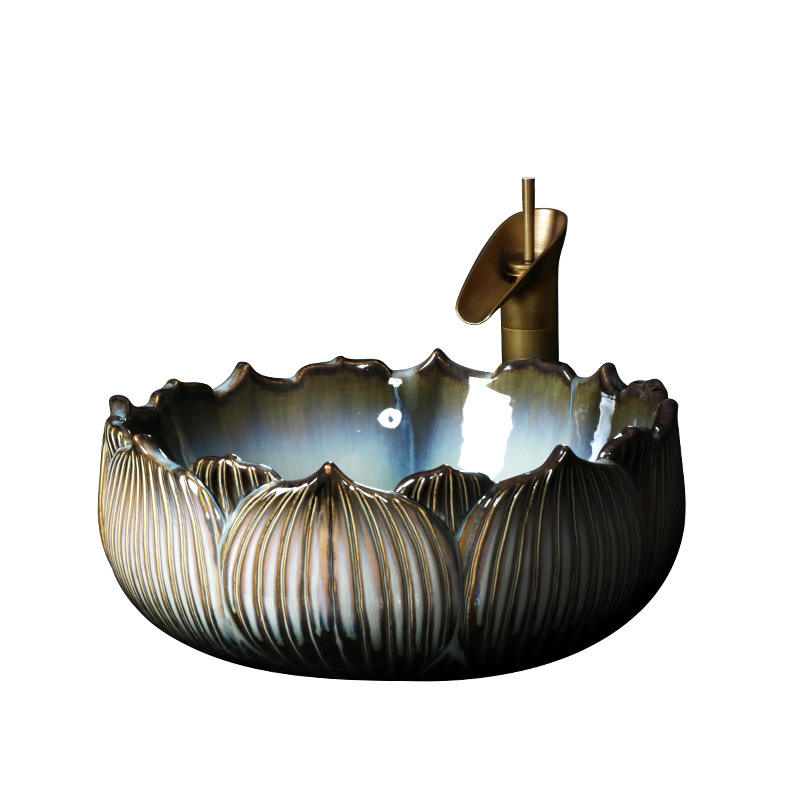Lotus Shape Art Ceramic Porcelain Bathroom Basin, Kiln Glazed Handcrafted Flower Countertop Wash Sink