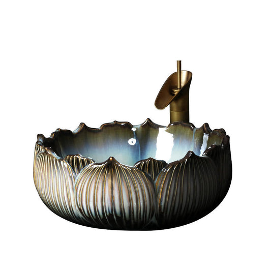 Lotus Shape Art Ceramic Porcelain Bathroom Basin, Kiln Glazed Handcrafted Flower Countertop Wash Sink