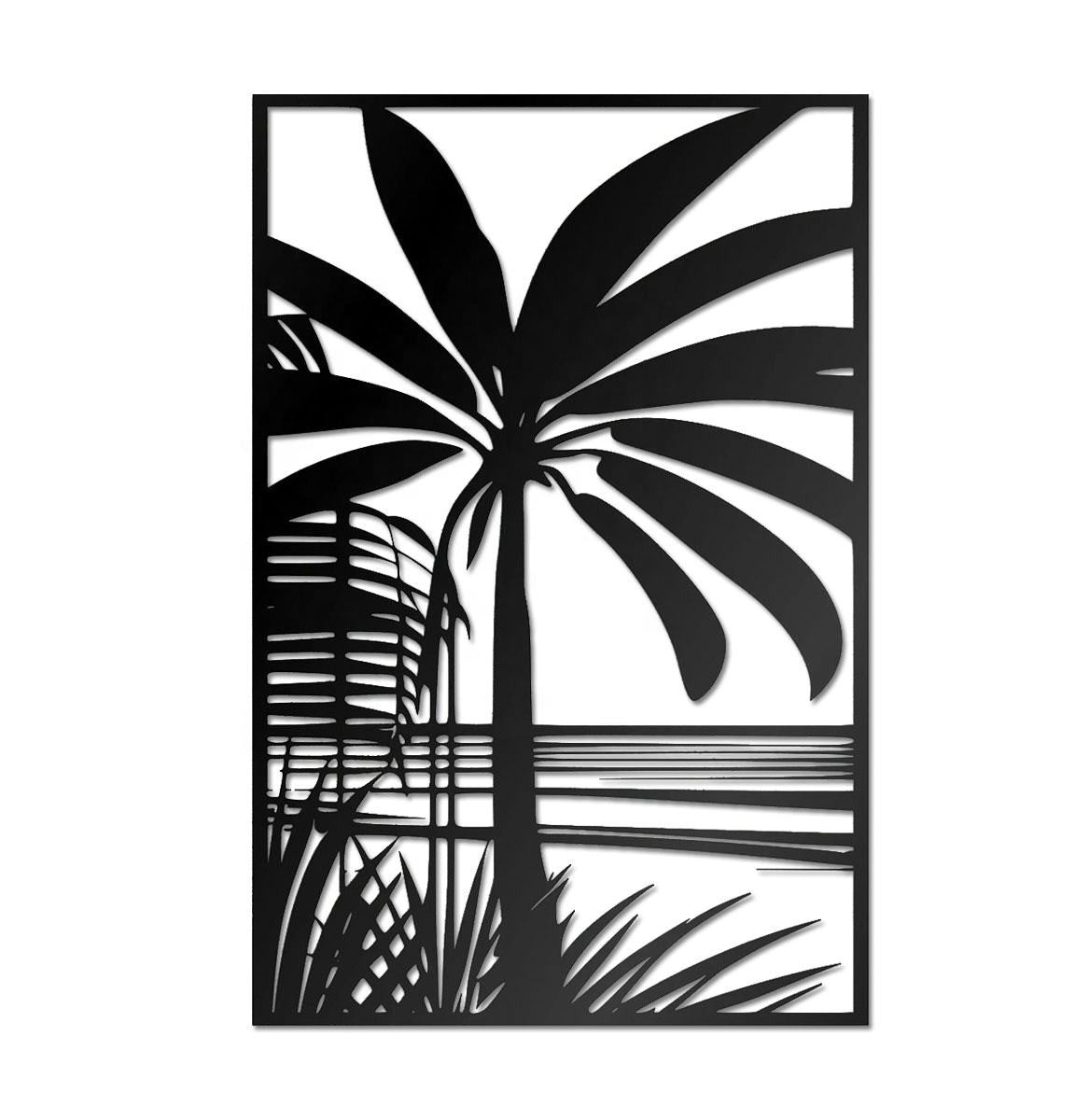 Tropical Palm Tree Metal Wall Art – Modern Silhouette Seascape Wall Decor, Black Tropical Nature Panel for Living Room, Bedroom, Office