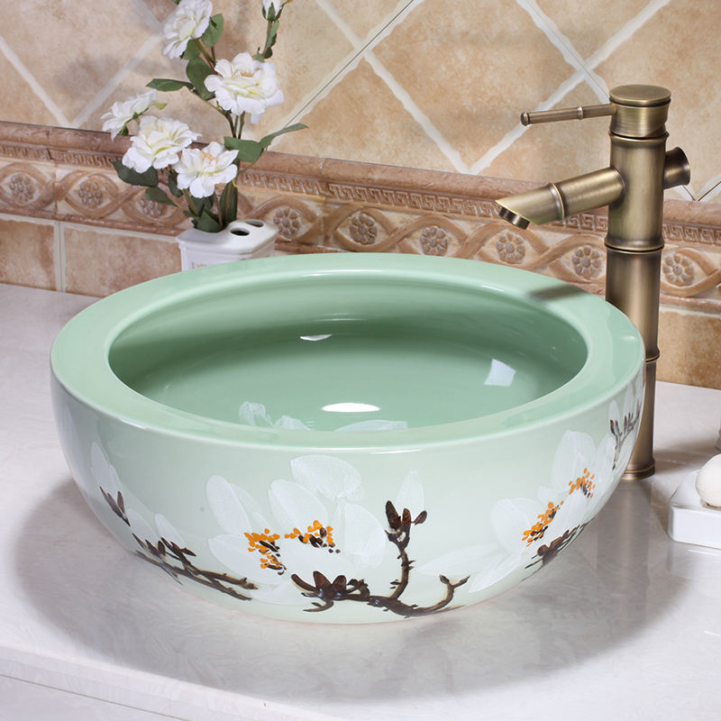 Hand Painted Glaze Pea Green Round Art Basin, Plum Blossom Ceramic Countertop Bathroom Sink