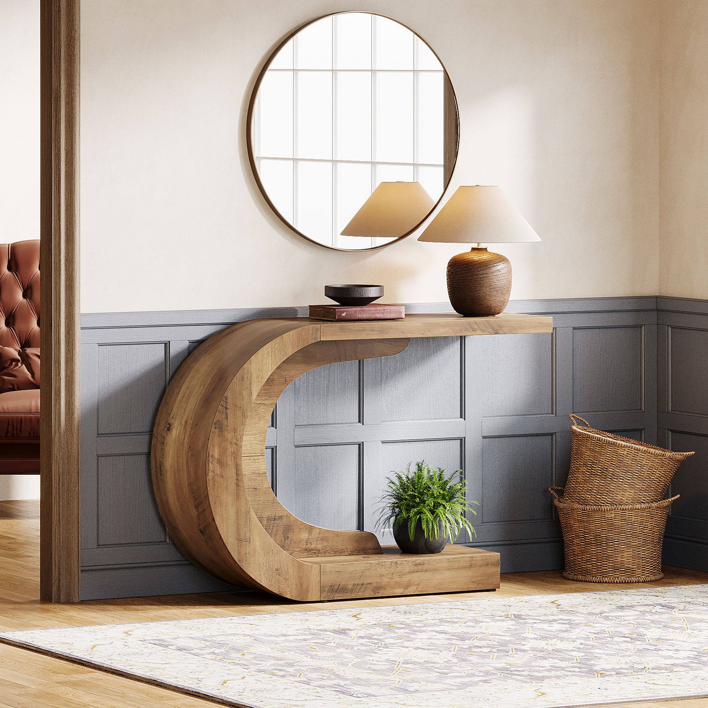 C-Shaped Console Table, Mid-Century Modern Wood Entryway Table, Heavy-Duty Accent Table for Living Room and Hallway
