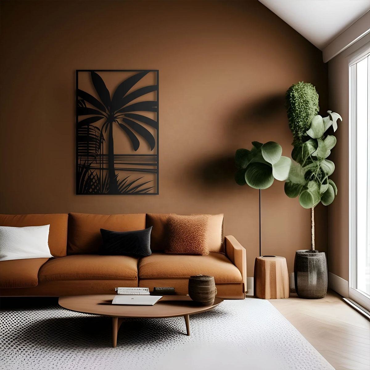 Tropical Palm Tree Metal Wall Art – Modern Silhouette Seascape Wall Decor, Black Tropical Nature Panel for Living Room, Bedroom, Office