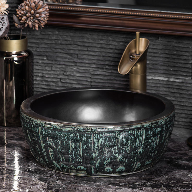 Ceramic Art Lavabo Vessel Sink, Black Green Rectangular Countertop Basin, Imitation Marble Finish for Bathroom, Artistic Bowl