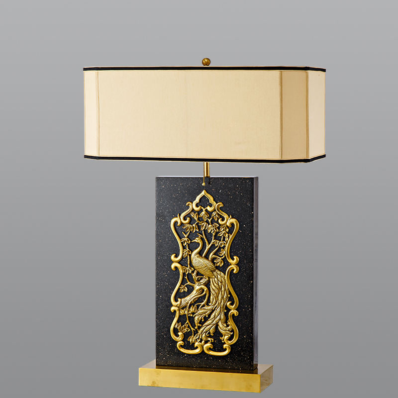Luxury Peacock Carved Marble Table Lamp, Brass and Gold Rectangular Lamp with Designer Shade, Elegant LED Home Decor Lighting