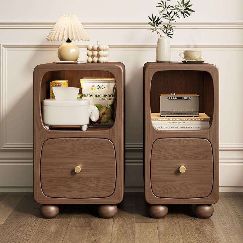 Solid Wood Mini Smart Charging Bedside Table, Creative Modern Nightstand with Storage and Rounded Corners for Bedroom