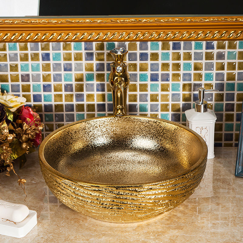 Gold Porcelain Art Wash Basin, Handcrafted Ceramic Lavabo Sink, Luxury Countertop Bathroom Vessel