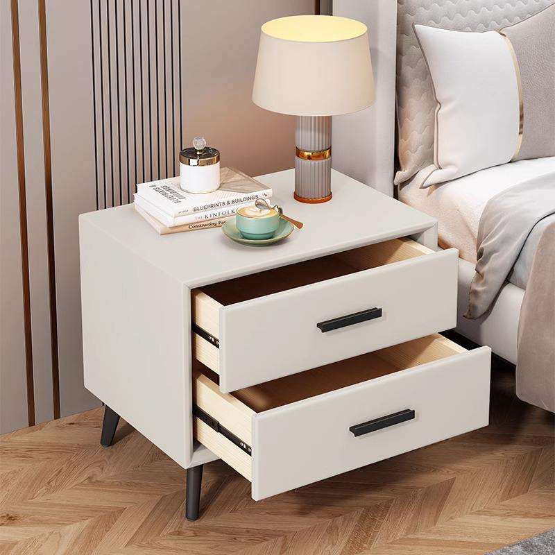 Modern Luxury Double Drawer Bedside Table, White/Grey Wood Narrow Side Table, Leather-Look Hotel Bedroom Furniture
