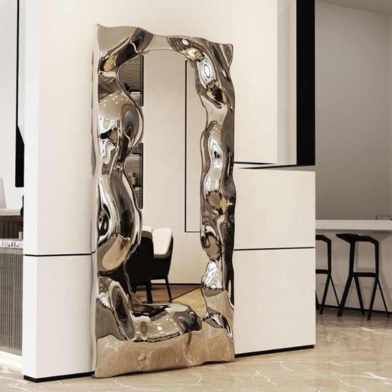 Modern Artistic Rectangle Metal Mirror – Unique Abstract Stainless Steel Wall Art, Luxury Decorative Full-Length Mirror for Living Room, Bedroom, Entryway