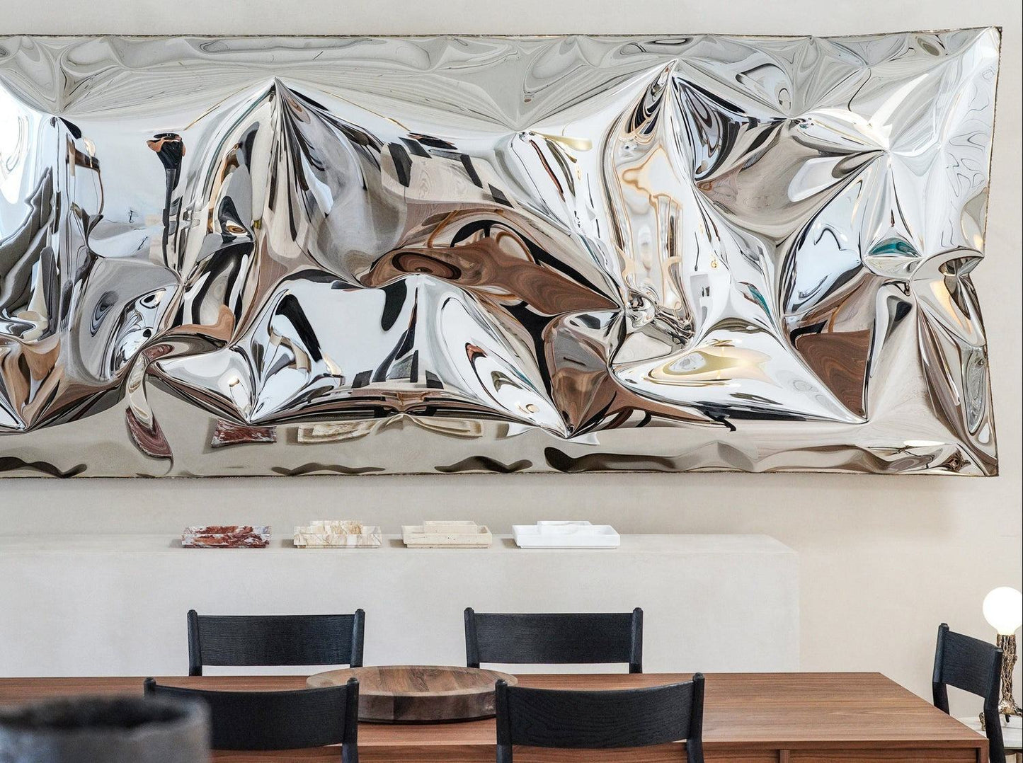 Abstract Inflated Stainless Steel Wall Art – Modern Metal Sculpture – Shiny Silver 3D Decorative Panel for Living Room, Bedroom, Office, Gallery