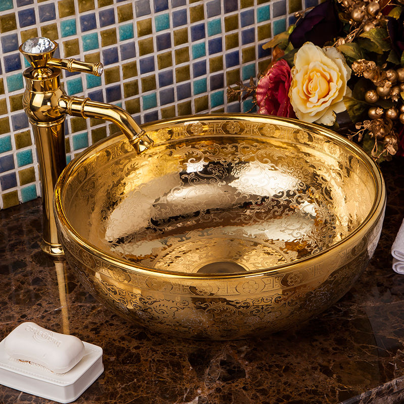 Modern Gold Ceramic Countertop Basin, Handmade Bathroom Sink, Luxury Porcelain Washbasin – Artistic Vessel