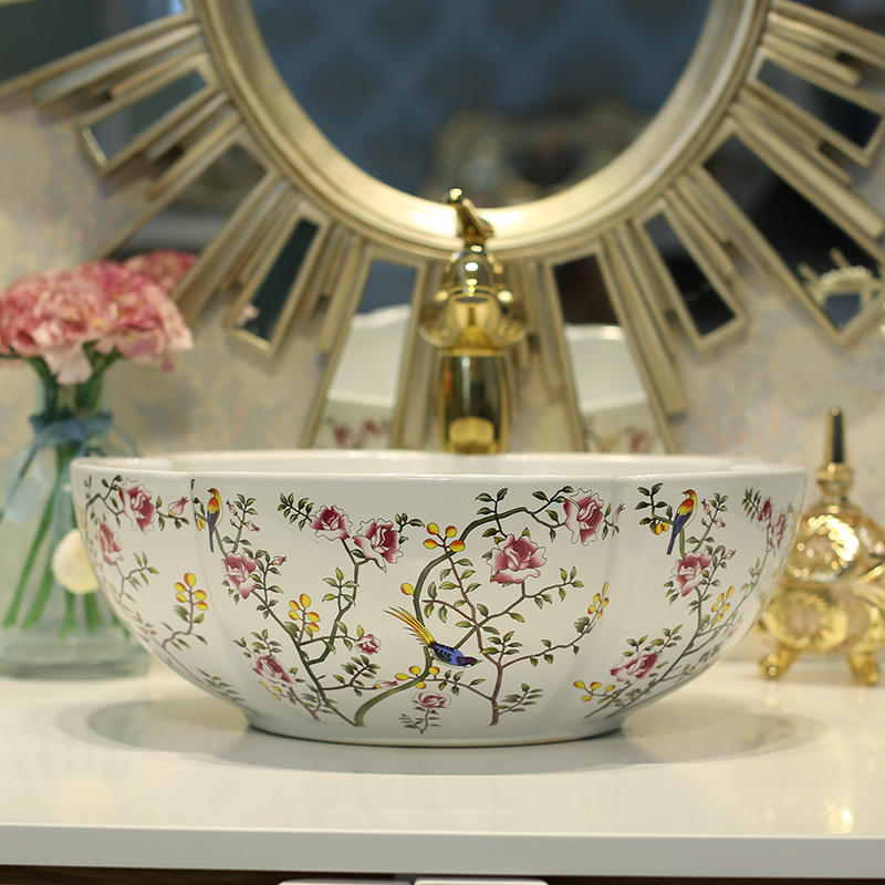 Flower Shaped White Ceramic Art Basin, Hand-Painted Flower & Bird Pattern Porcelain Bathroom Sink, Face Washing Countertop Washbasin