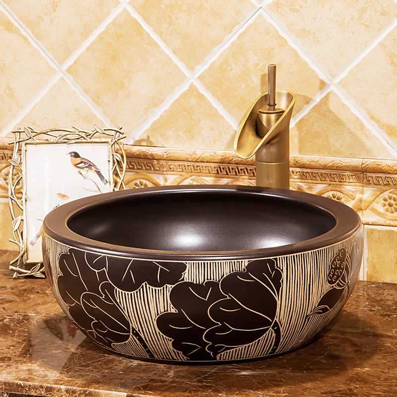 Lotus Painting Art Porcelain Bathroom Vessel Sink, Handcrafted Professional Ceramic Countertop Basin