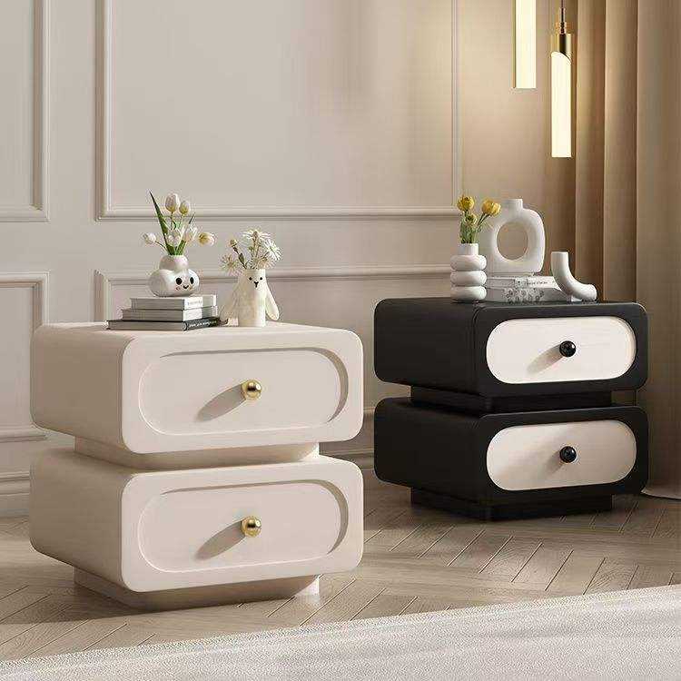 Minimalist Modern Bedside Table, Cream Finish Solid Wood Nightstand, Lightweight Luxury 2-Drawer Storage for Bedroom