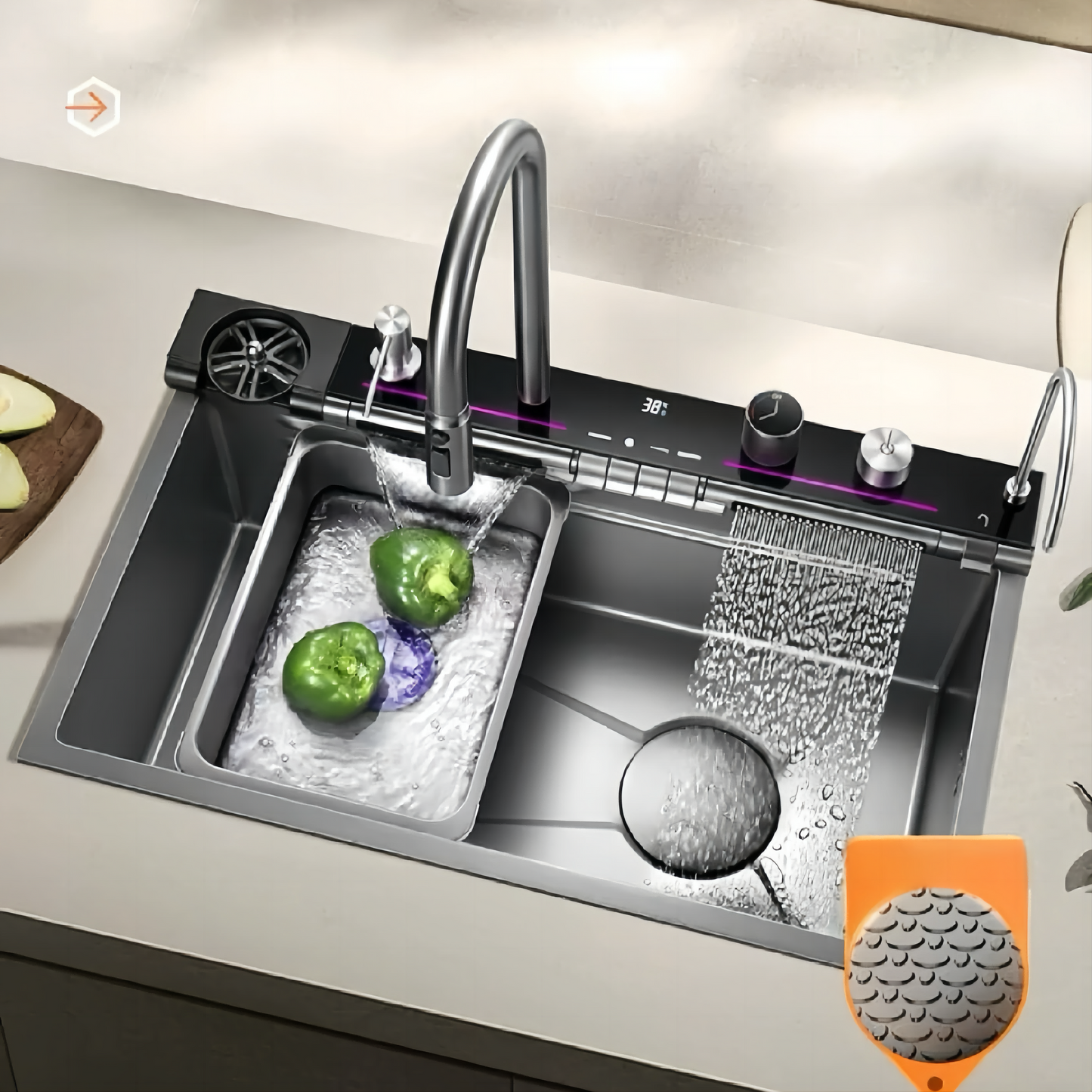 Modern Large Single Slot Stainless Steel Kitchen Sink, Handmade Multifunctional Basin with Cup Washer & LED Display