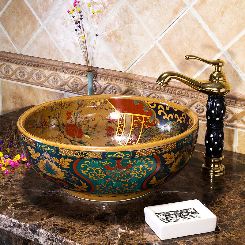 Jingdezhen Art Ceramic Bathroom Vessel Sink, Handcrafted Countertop Washbasin, Luxury China Bowl