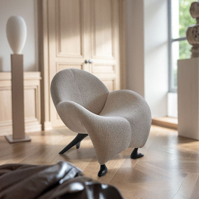 Unique Fiberglass & Solid Wood Teddy Velvet Lounge Chair, Sculptural High Density Sponge Armchair for Hotel & Living Room Modern Interiors