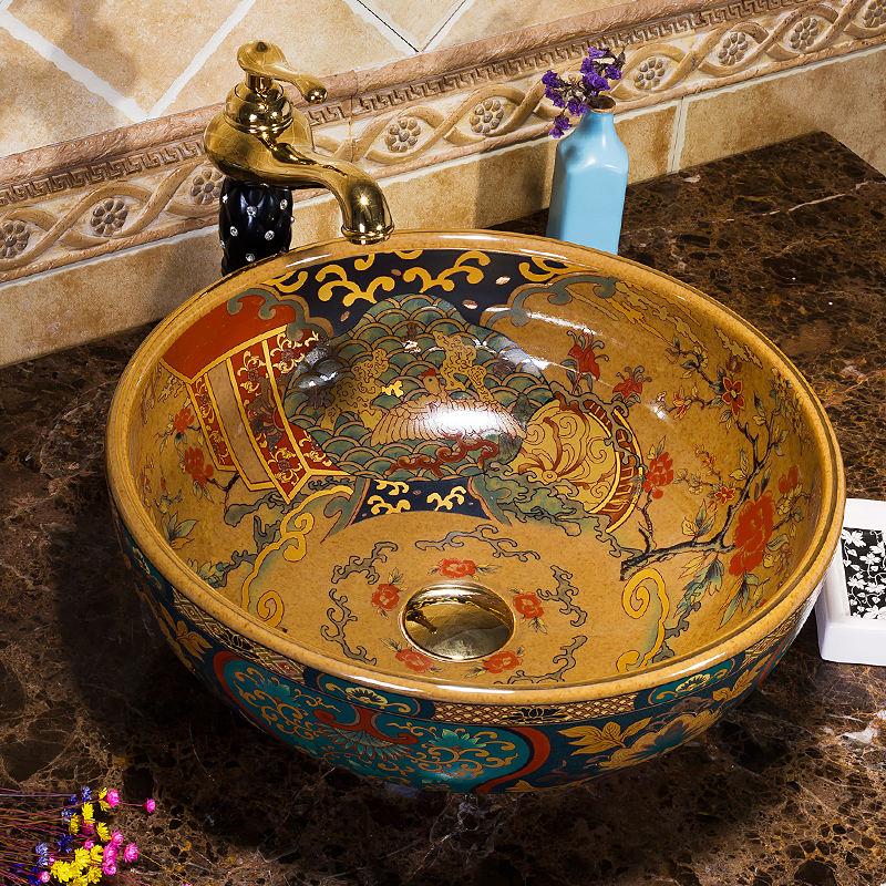 Jingdezhen Art Ceramic Bathroom Vessel Sink, Handcrafted Countertop Washbasin, Luxury China Bowl