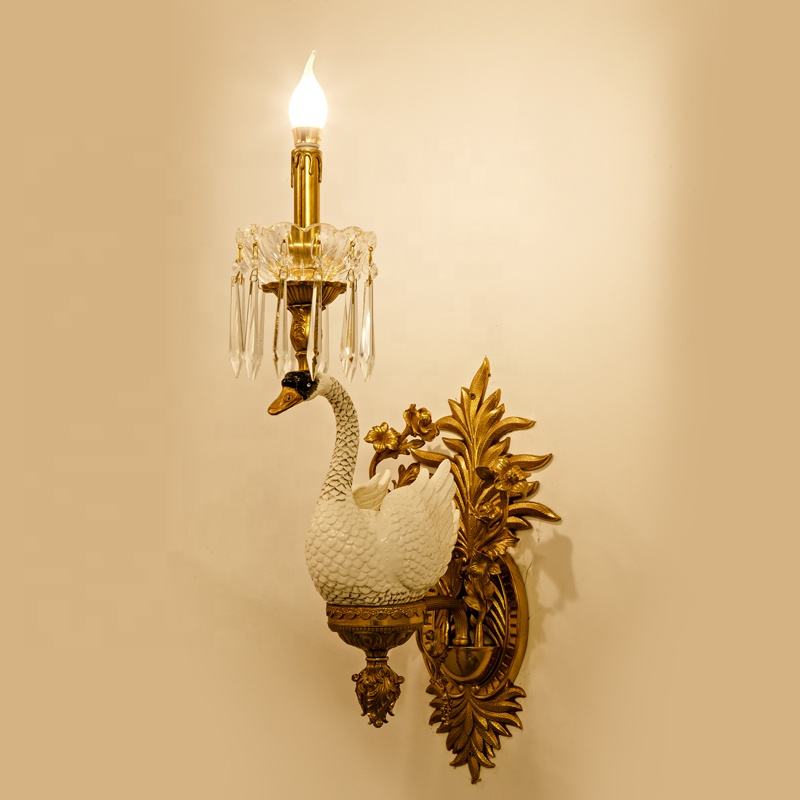 Luxury Swan Wall Sconce Light, Decorative Brass and Porcelain Bird Lamp with Crystals for Elegant Living Room, Bedroom, or Hallway Accent
