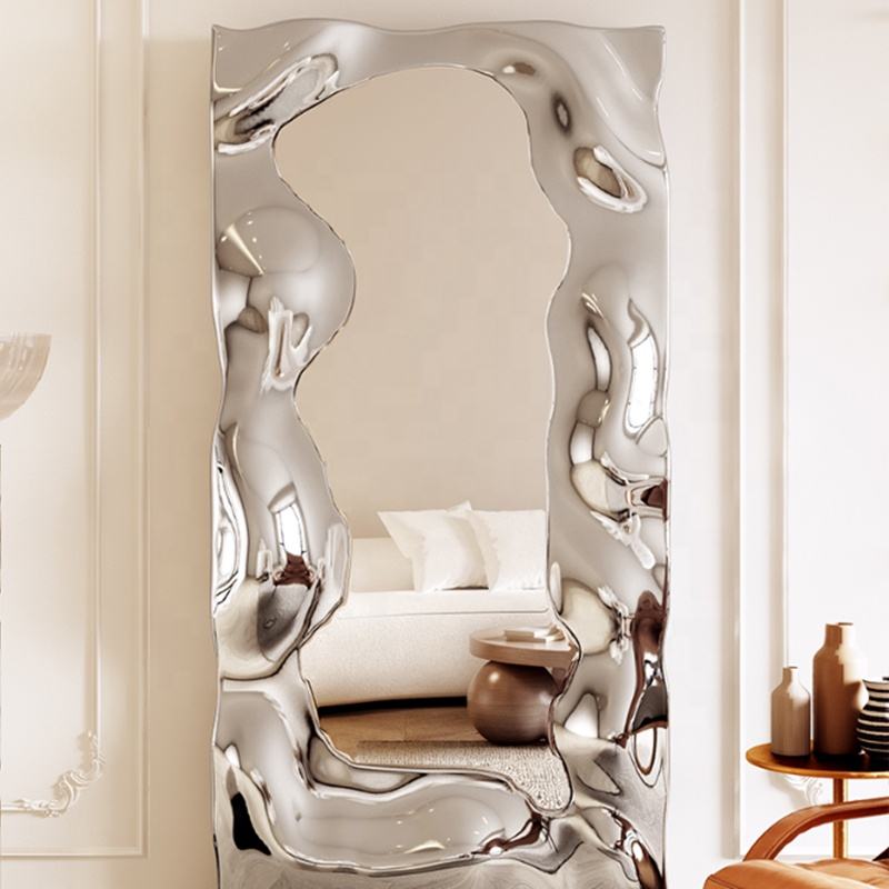 Modern Artistic Rectangle Metal Mirror – Unique Abstract Stainless Steel Wall Art, Luxury Decorative Full-Length Mirror for Living Room, Bedroom, Entryway