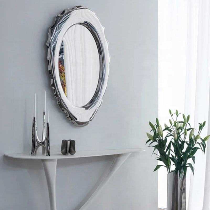 Modern Irregular Oval Wall Mirror – Stainless Steel Frame, Decorative Designer Mirror for Dressing Room, Living Room, Entryway, Metal Art Accent