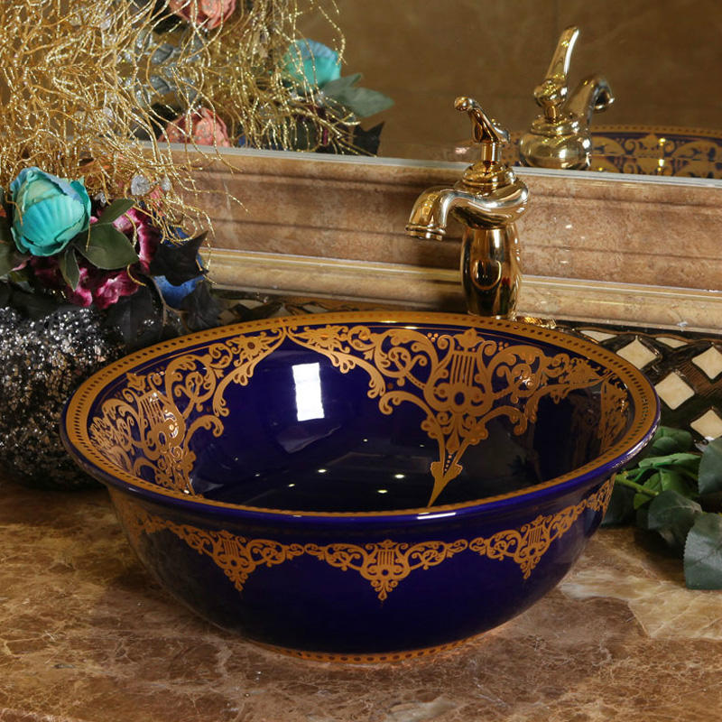 Art Porcelain Countertop Basin, Blue & Gold Hand Wash Bathroom Sink, Round Artistic Vanity Vessel