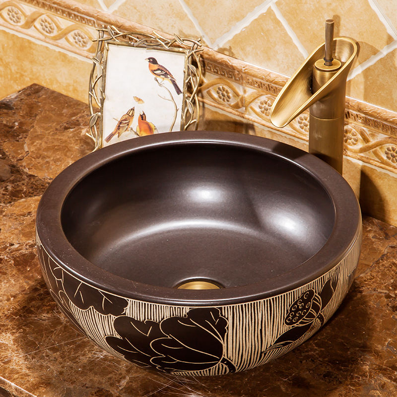 Lotus Painting Art Porcelain Bathroom Vessel Sink, Handcrafted Professional Ceramic Countertop Basin