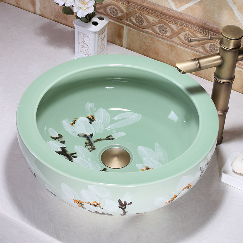 Hand Painted Glaze Pea Green Round Art Basin, Plum Blossom Ceramic Countertop Bathroom Sink