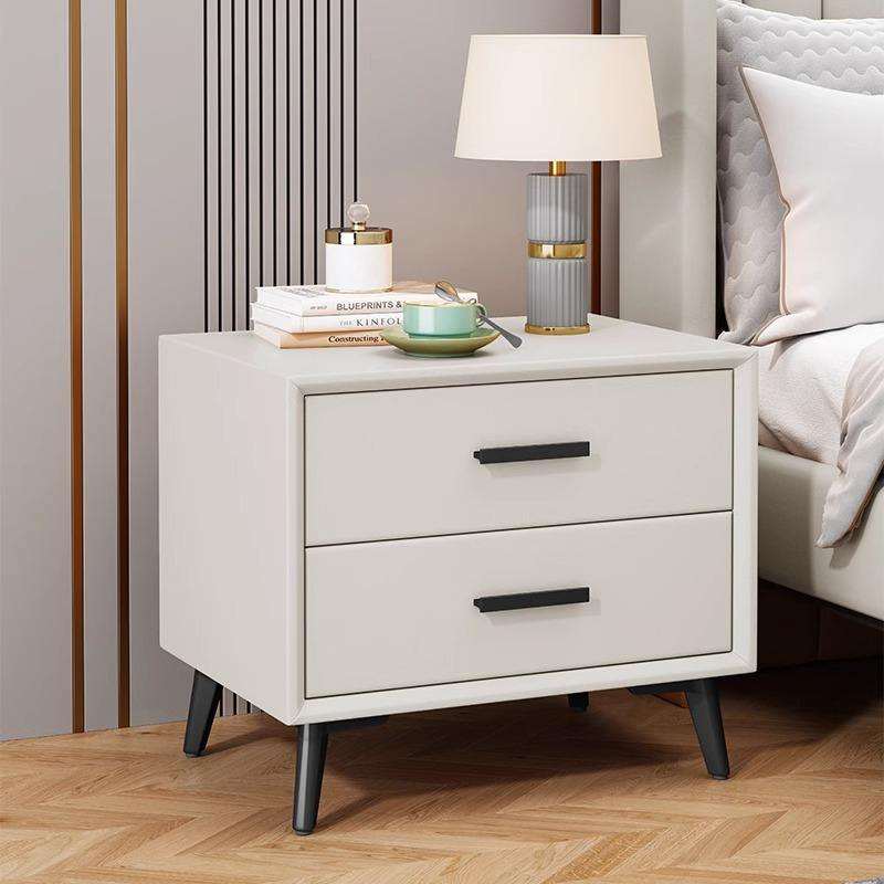 Modern Luxury Double Drawer Bedside Table, White/Grey Wood Narrow Side Table, Leather-Look Hotel Bedroom Furniture