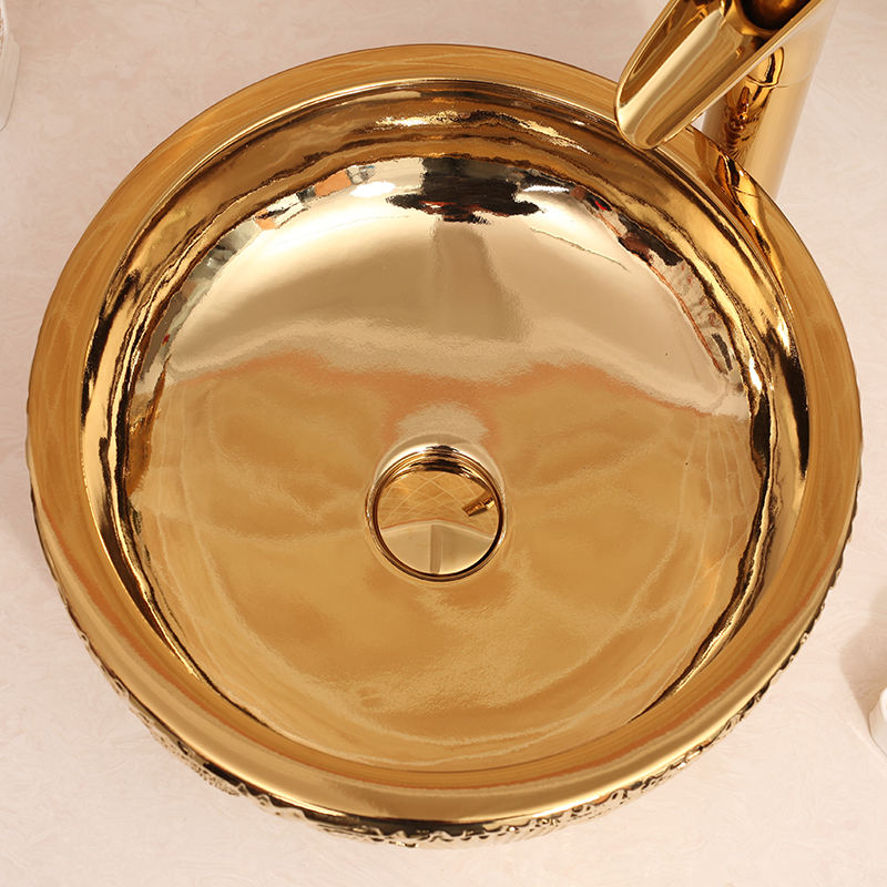 Handmade Gold Ceramic Bathroom Basin, Countertop Round Porcelain Wash Sink with Embossed Shell Pattern