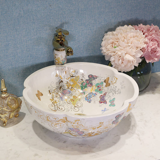 Flower Shaped Ceramic Vessel Sink, Butterfly Garden Art Basin with Gold Accents – Luxury Countertop Bathroom Washbasin