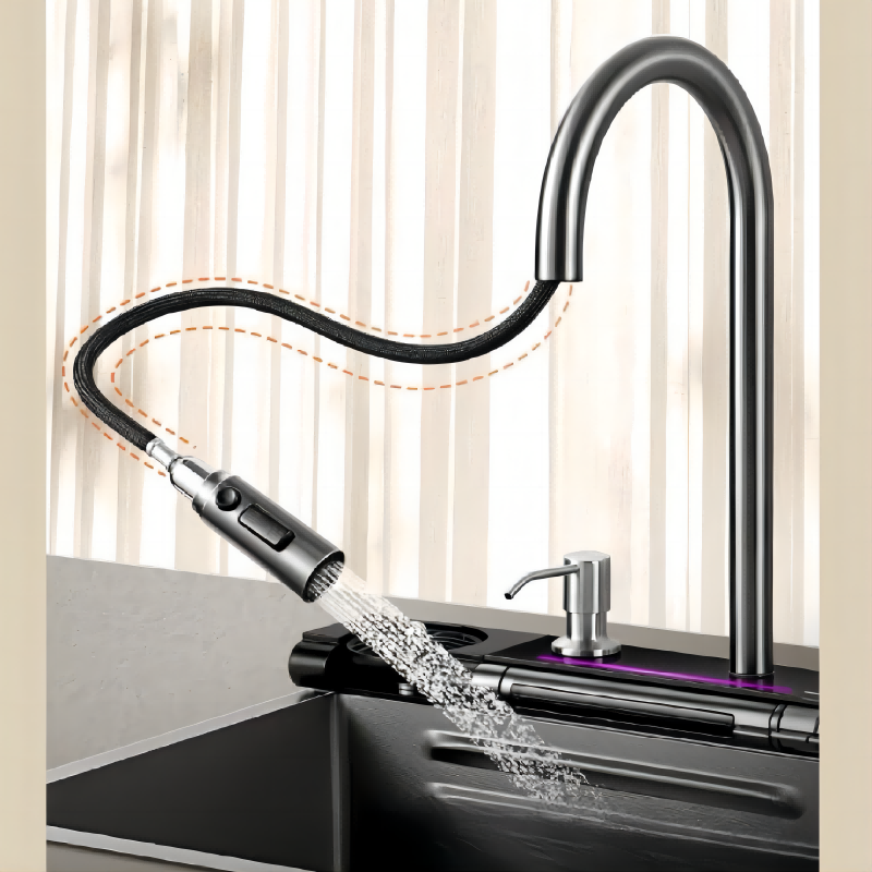 Modern Large Single Slot Stainless Steel Kitchen Sink, Handmade Multifunctional Basin with Cup Washer & LED Display