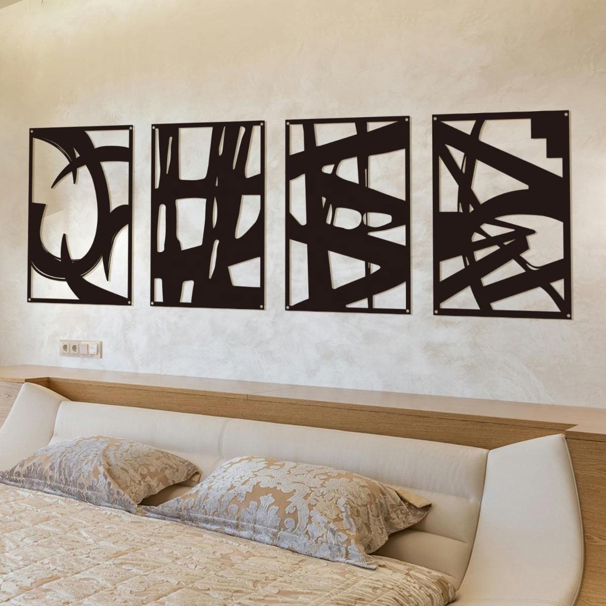 Modern Abstract Metal Wall Art Set of 4 – Handicraft Metal Frames, Contemporary Wall Hanging Decor, Large Geometric Art Panels for Living Room, Bedroom