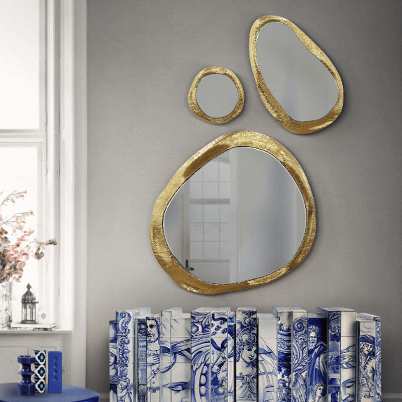 Luxury Gold Halo Mirror Set of 3 – Modern Asymmetrical Metal Wall Art, Decorative Irregular Accent Mirrors, Home Decor for Living Room, Bedroom, Entryway
