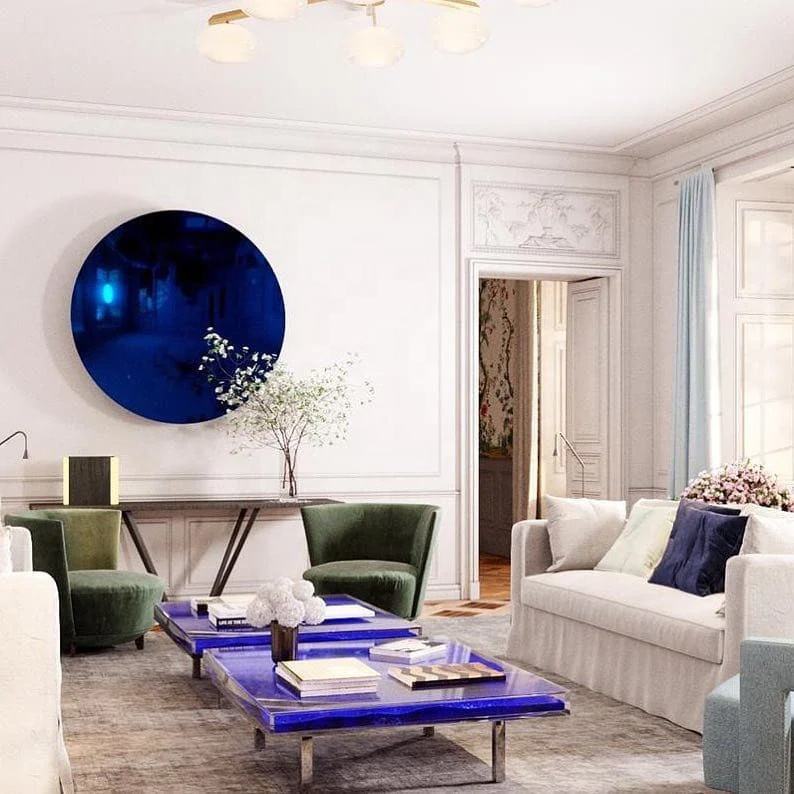 Modern Blue Concave or Convex Stainless Steel Mirror – Round Nano Plated Metal Wall Art, Contemporary Decorative Accent for Living Room, Entryway, Office